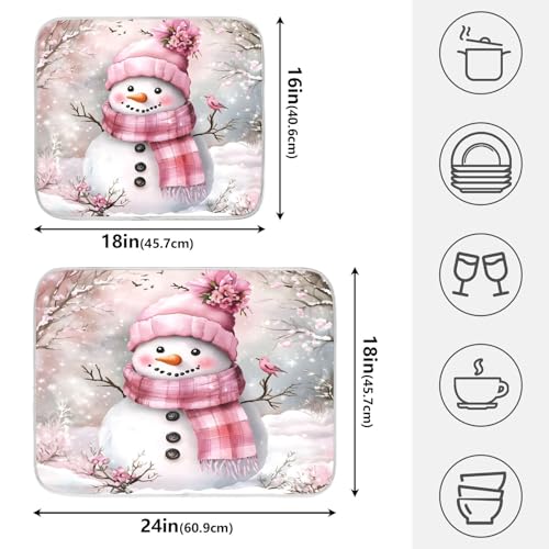 Winter Pink Snowman Dish Drying Mat for Kitchen Counter Absorbent Microfiber Christmas Large Drying Pad Dish mats for Kitchen Countertops 18 x 24 Inch