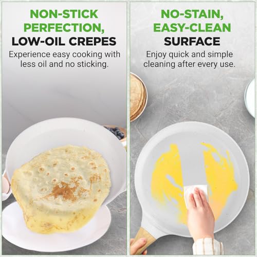 2-Pack Non-Stick Crepe Pan Set – 11” Marble Coated Dosa Pans with Wooden Spreaders, Bakelite and Wood Handles, Induction-Compatible, Easy-to-Clean, Stain-Resistant, White Cream Marble (2 Count)