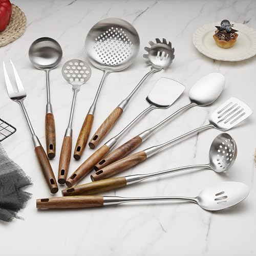 10 Pcs Cooking Utensils Set 304 Stainlss Steel Kitchen Utensils Set Heat Resistant Wooden Handle Kitchen Tools Metal Kitchen Utensil Soup Ladle Set (10 Count)