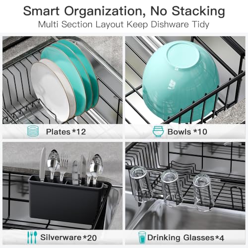 Black Dish Drying Rack in Sink with Drainboard and Utensil Holder
