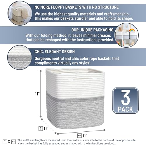 Storage Cubes 11 Inch Cotton Rope Woven Baskets for Organizing (3 Count)