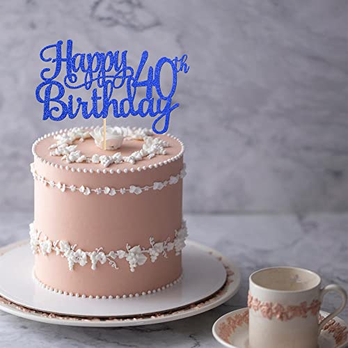 1 PCS Happy 40th Birthday Cake Topper Glitter Cheers to 40 Years Birthday Cake Pick 40 Fabulous Cake Decoration for Happy 40th Birthday Anniversary Party Decorations Supplies Blue