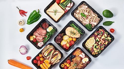 32 oz 50Pack Plastic Meal Prep Food Storage Containers with Lids Reusable 1 Compartment To Go Lunch Box Black Extra Large &Thick Microwave Freezer Safe BPA Free Stackable (50 Count)