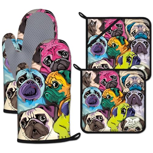 Colorful Pug Dog Face Oven Mitts and Pot Holders Sets Heat Resistant 4Pcs Potholders Oven Gloves Hot Pads for Kitchen Baking Cooking Grilling BBQ (4 Count)