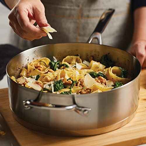 71027 3 Ply Base Brushed Stainless Steel Deep Saute Pan with Helper Handle and Lid