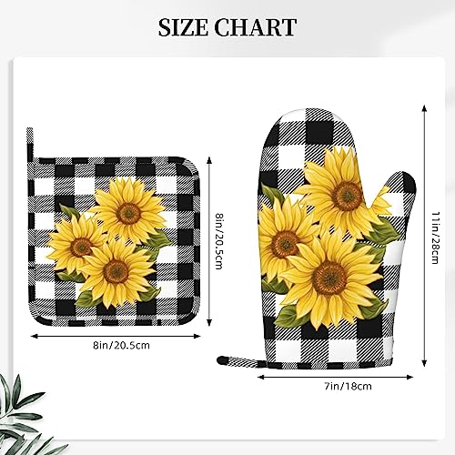 Sunflower Black White Buffalo Plaid Oven Mitts and Pot Holders Sets Silicone Yellow Floral Lumberjack Check Kitchen Mitts Potholders Heat Resistant 4Pcs Oven Gloves Hot Pads for Kitchen (4 Count)