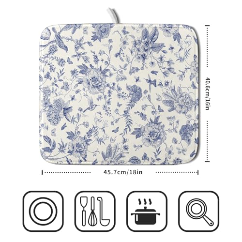 Chinoiserie Flower Dish Drying Mat Blue Leaves Dishes Drying Pad Reusable Washable Kitchen Countertop Protector Dish Drainer Mat 16x18 Inch
