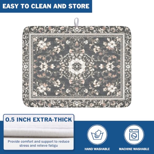 Boho Floral Dish Drying Mat Grey Leaves Dishes Drainer Pad 18x24 Inch Microfiber Absorbent Kitchen Dry Rack Mat for Counter Tableware Decor