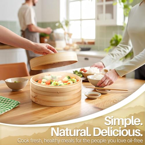 10 Inch Bamboo Steamer Basket Set for Dumplings and Dim Sum