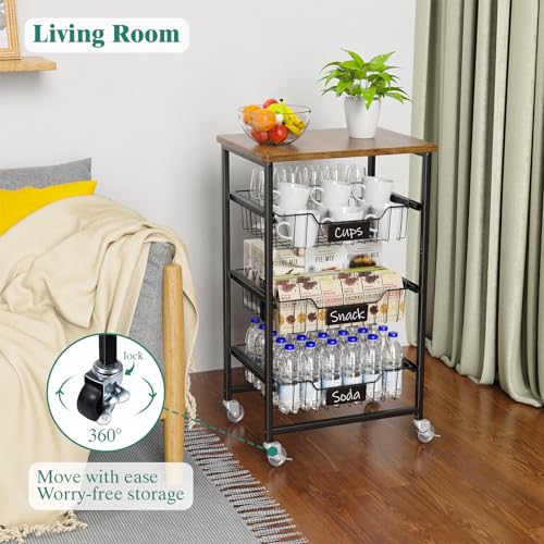 4 Tier Vegetable Fruit Basket Kitchen Storage Rolling Cart on Wheels with Pull