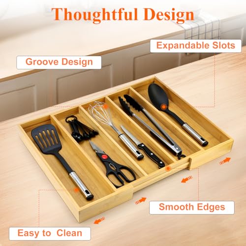 Expandable Bamboo Silverware Drawer Organizer Large Kitchen Utensils Tray