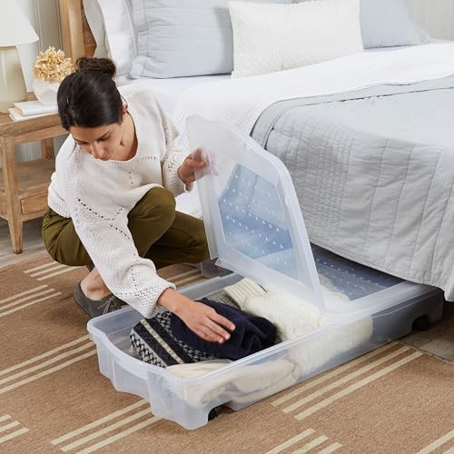 68 Quart Under the Bed Low Profile Storage Boxes with Dual Hinged Lids and Easy Rolling Caster Wheels (2 Count)