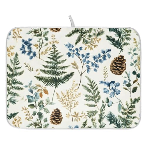 Vintage Herbs Fern Leaves Floral Plant02 Dish Drying Mat for Kitchen Counter Absorbent Microfiber Large Drying Pad Dish Mats for Kitchen Countertops 18 x 24 Inch