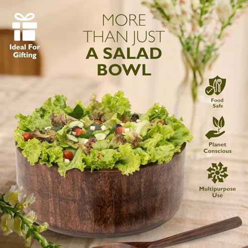 12" Dark Burnt Wooden Salad Bowl Set with Serving Utensils Eco