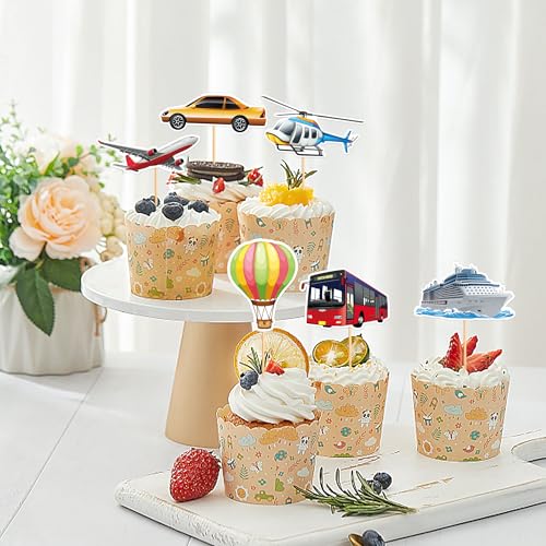 24Pcs Printed Transportation Cupcake Toppers Train Hot Air Balloon Motorcycle Bus Boat Airplane Cupcake Picks for Transportation Theme Baby Shower Boys Girls Birthday Party Decorations
