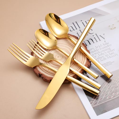 Mirror Silverware Set Gold Flatware Set with Hexagon Handle 20 Pieces 18 (20 Count)