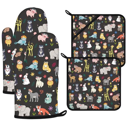 Cute Animals Oven Mitts and Animal World Pot Holders Sets 4Pcs