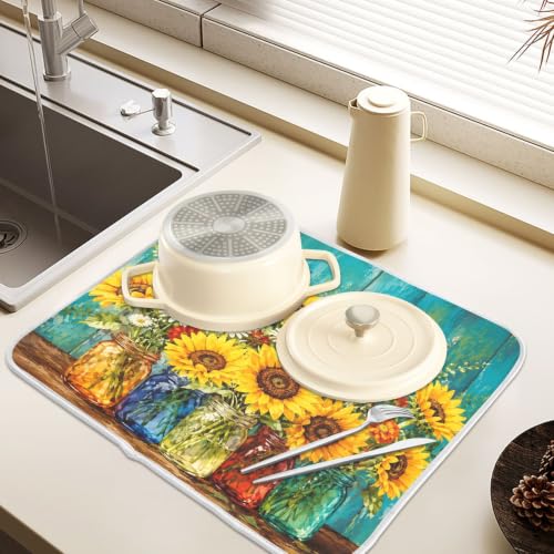 Spring Summer Floral Jar Dish Drying Mat for Kitchen Counter Absorbent Microfiber Large Drying Pad Dish mats for Kitchen Countertops 18 x 24 Inch