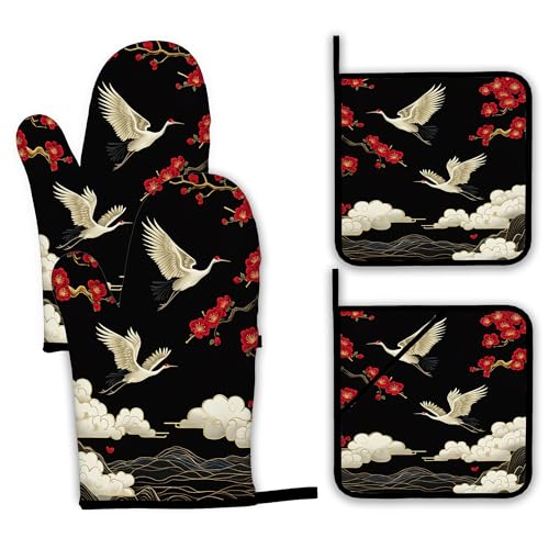 Japanese Crane Oven Mitts and Pot Holders Set (4 Count)