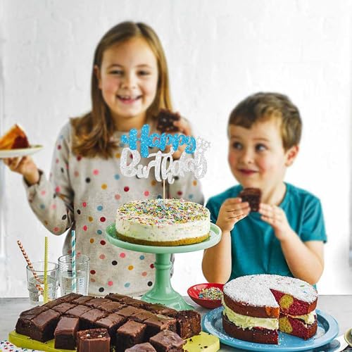 1Pcs Happy Birthday Cake Topper Glitter Happy Birthday Cake Pick for Winter Wonderland Baby Shower Theme Anniversary Party Decorations Supplies Blue Silver