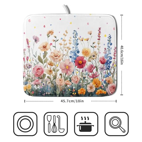 Colorful Flower Dish Drying Mat 16x18 Inch Botanical Floral Drainer Rack Mats Washable Absorbent Dish Dry Pad for Kitchen Counter Sink