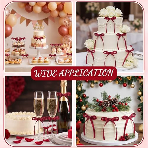 30 Pack Bow Cake Toppers Wine Red Ribbon Bows for Cake Back to School Decor (30 Count)