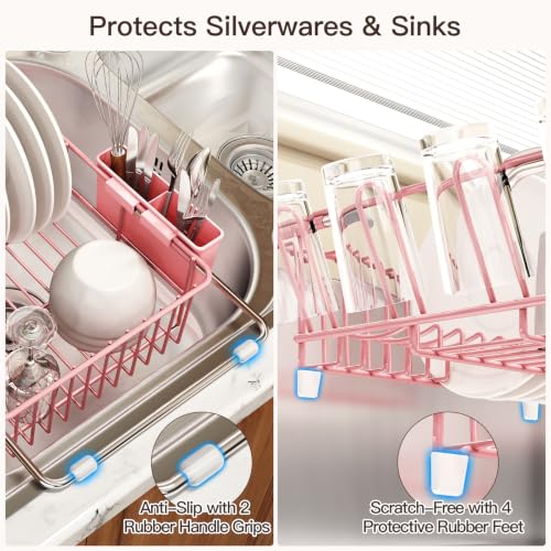 Pink Expandable Dish Drying Rack Over Sink with Anti