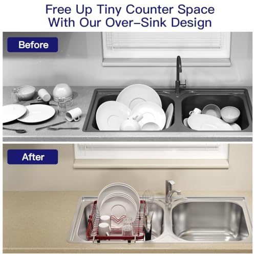 Red Expandable Dish Drying Rack Over Sink with Extra Drying Mat