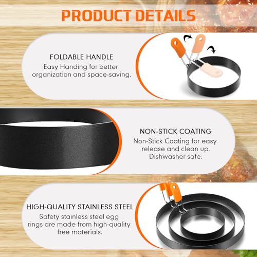 6 Pcs Egg Ring Pancake Ring Set Stainless Steel Fried Egg Molds Griddle Pancake Shapers with Silicone Handle for Breakfast Omelette Sandwich