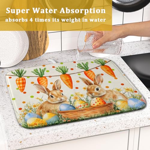 Easter Bunny Dish Drying Mat Eggs Carrot Dishes Drainer Pad Absorbent Reversible Dish Rack Mat Protector for Kitchen Countertop 16x18 Inch