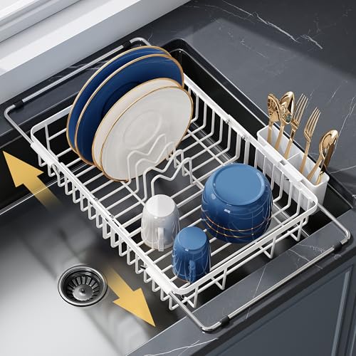 White Dish Drying Rack Over the Sink with Utensil Holder