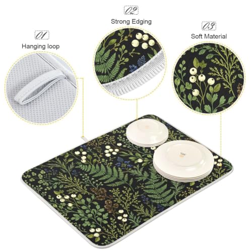 Sage Leaves Botanical Berry Plant Dish Drying Mat for Kitchen Counter Absorbent Microfiber Drying Pad