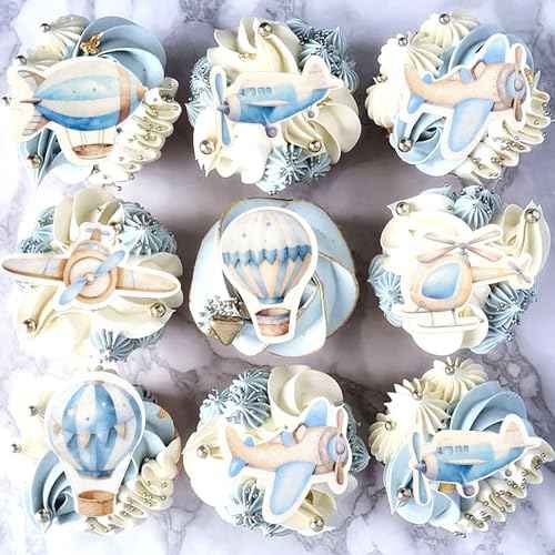 40Pcs Edible Watercolor Blue Airplanes Cupcake Toppers Edible Cartoon Hot Air Balloon Helicopter Cupcake Picks for Blue Boys Birthday Cupcake Decorations Airplane Baby Shower Cake Decorations (40 Count)