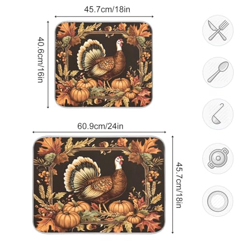 Thanksgiving Turkey Pumpkin Dish Drying Mat for Kitchen Counter Absorbent Microfiber Drying Pad