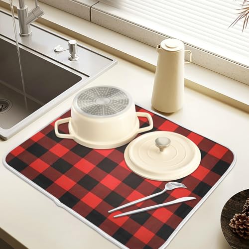 Christmas Red Black Buffalo Plaid Dish Drying Mat for Kitchen Counter Absorbent Microfiber Large Drying Pad Dish Mats for Kitchen Countertops 18 x 24 Inch