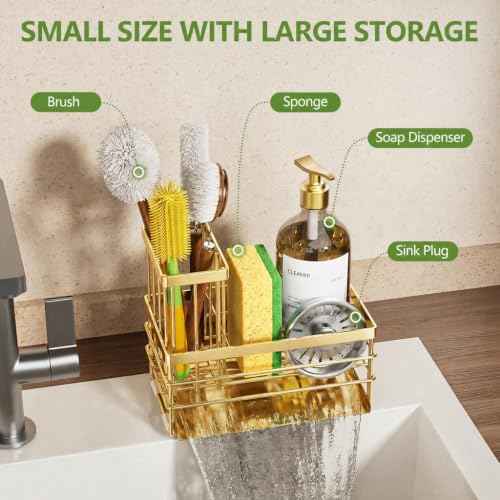 Gold Sink Caddy Sponge Holder for Kitchen with Brush Holder and Stainless Steel Self Drain Tray