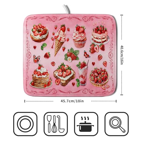 Pink Strawberry Dish Drying Mat for Kitchen Counter Washable Absorbent Dish Draining Mat 16×18in