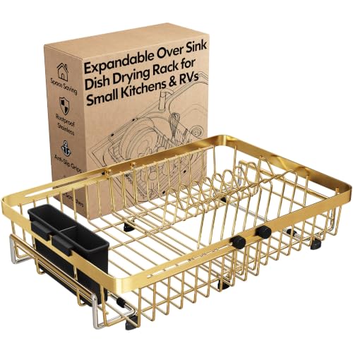 Gold Expandable Dish Drying Rack Over The Sink with Anti Slip Grip