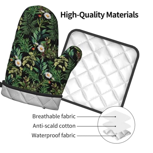 Green Botanical Oven Mitts and Pot Holder Kitchen Accessories Sets Fern Leaves Heat Resistant Baking Cooking Oven Gloves Washable Potholder