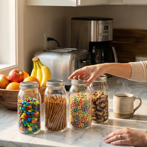 64 oz Large Plastic Mason Jars with Airtight Lids Wide Mouth (4 Count)