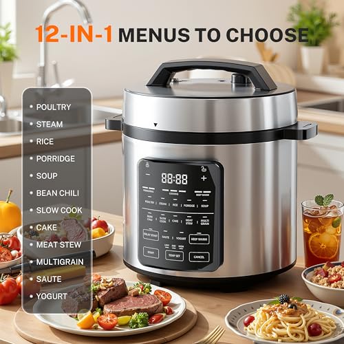 14-in-1 Electric Pressure Cooker - 6QT Stainless Steel Slow & Rice Cooker, Steamer, Sauté, Yogurt Maker, Multi-Cooker with Dishwasher-Safe & Non-Stick