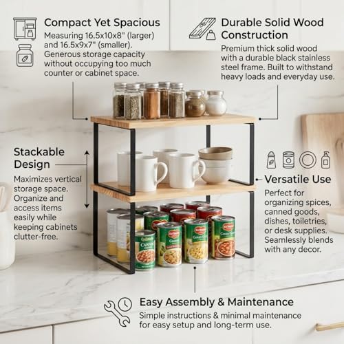 Large Cabinet Shelf Organizers Solid Wood Spice Rack Organizer for Cabinet Kitchen Countertop Storage (2 Set)