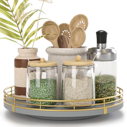 9 Inch Gray Lazy Susan Spice Organizer for Cabinet with Gold Rail