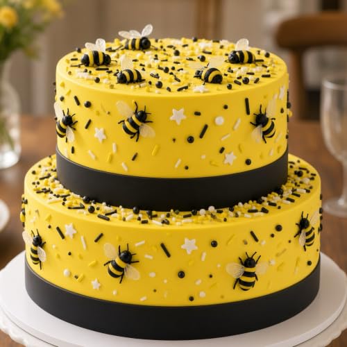 Yellow & Black & White Sprinkles Mix Size Pearls Bumble Bee Themed Cake Decorations Cupcake Toppers Perfect for Wedding Valentine Supplies 4.58OZ (4.58 Ounce)
