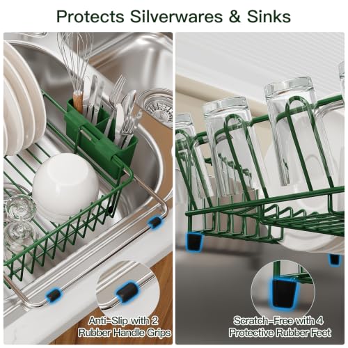 Green Expandable Dish Drying Rack Over Sink with Extra Drainboard
