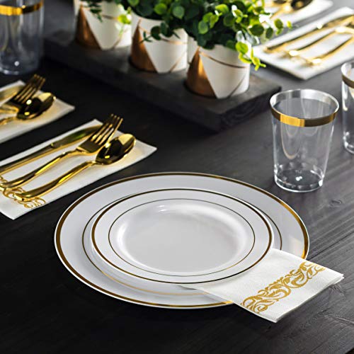 100 Piece Plastic Party Plates White Gold Rim (50 Count)