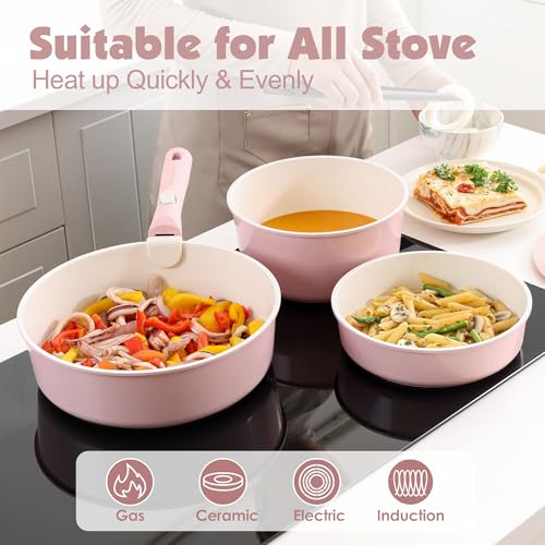24 Piece Ceramic Detachable Handle Pots and Pans Set Pink