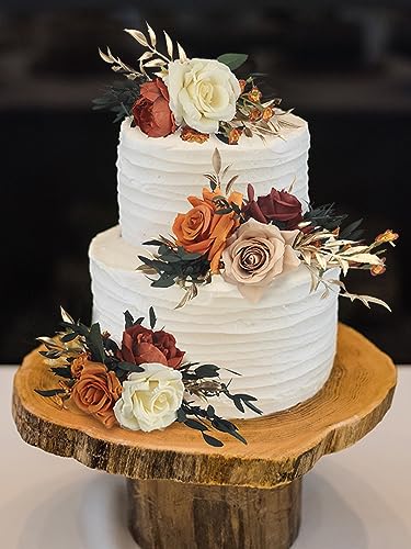 3Pcs Pre made Cake Topper Cake Decorating Flowers for Cake Decor Boho Burnt Orange Fall Cake Flowers for Wedding Baptism Birthday Party Bridal Baby Shower (3 Count)