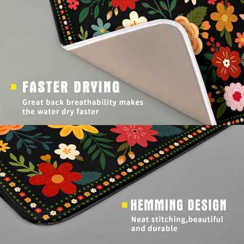 Boho Floral Dish Drying Mat 16x18 Inch Colorful Flower Dishes Dry Mats Absorbent Washable Drainer Rack Pad Protective Kitchen Counter Decor