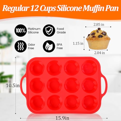 Silicone Muffin Pan with Metal Reinforced Frame Regular Size Muffin Pan with Handle Easy to Move 12 Cups for Baking Nonstick Muffin Tin BPA Free 1 Pack Red